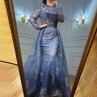 Dubai Azure Twilight: Luxury Blue Muslim Evening Dress with Overskirt and Long Sleeves, Exhibiting Elegant Arabic-inspired Design, Ideal for Weddings and Formal Occasions.