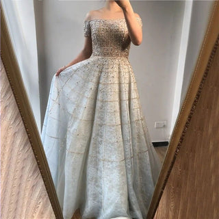 Ships in 1 to 3 Days - Silver Off-Shoulder Short Sleeve Evening Dress 2024 - Dubai A-Line Beading Diamond Evening Gown