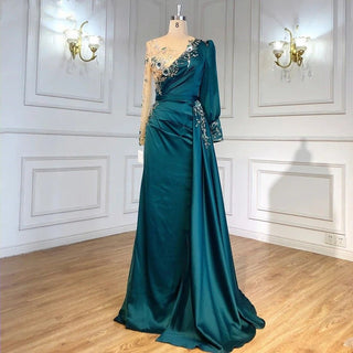 Ships in 1 to 3 Days - Luxury Dubai: Emerald Green Velvet Mermaid Evening Dress with Black Long Sleeves - Perfect for Arabic Women's Wedding Formal Attire