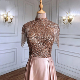 Golden Glamour: A-Line High Neck Sparkle Evening Dress with Tassel Beading