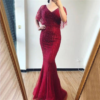 Champagne Dubai Luxury Half Sleeves Mermaid Evening Dress 2024 with Beading and Crystal Detailing