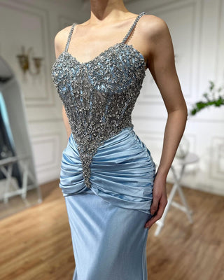 Ships in 1 to 3 Days - Luxury Spaghetti Strap Blue Evening Gown with Beaded Bodice and Ruched Detailing