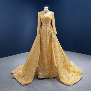 Golden Elegance: High Neck Long Sleeve Dress with Detachable Tail