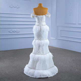 Chic Elegance: New-Style Ivory Off-Shoulder Cake Skirt Dress with Feather Accents for Women