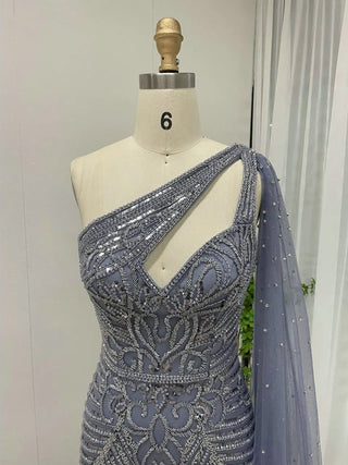 Ships in 1 to 3 Days - Sparkly Beaded Blue Mermaid Evening Gown with High Split and One Shoulder Cape Sleeve - Luxury Arabic Wedding Party Dress