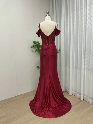 Ships in 1 to 3 Days - Wine Spaghetti Straps Sheath Bridesmaid Dress - Classic Off-Shoulder High Slit Beaded Evening Gown