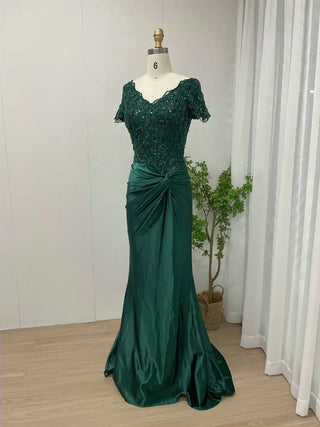 Ships in 1 to 3 Days - Luxury Beaded Lace Emerald Satin Prom Party Gown - 2024 New Arrival Modest V-Neck Short Sleeve Mother of the Bride Dress