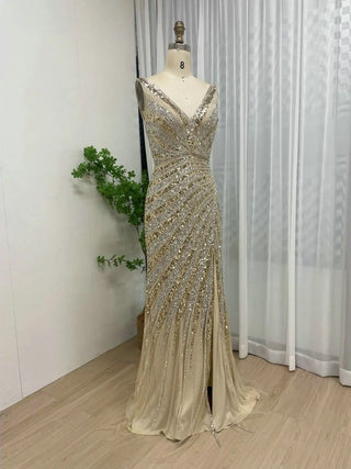 Ships in 1 to 3 Days - Gold Shiny Sequin Deep V-Neck Cocktail Dress - Luxury Beaded Mermaid High Slit Evening Gown for Prom and Graduation 2024