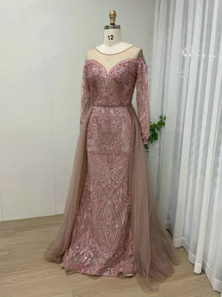 Ships in 1 to 3 Days - Elegant Long Sleeves Evening Gown for Women - 2024 Arabic Exclusive Beaded Scoop Neck Mother of the Bride Dress