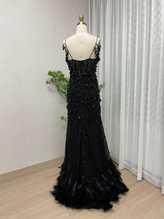 2024 Amazing Black Mermaid Evening Dress - Luxury Slip Ball Gown with Feathers and Diamonds for Formal Occasions