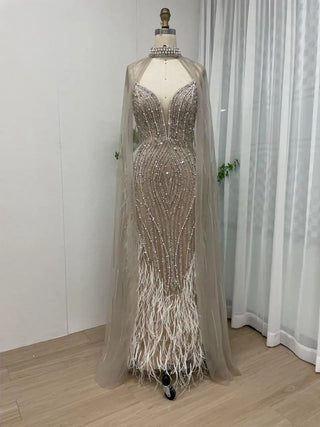 Ships in 1 to 3 Days - Stunning Champagne Mermaid Evening Dress - Luxury V-Neck Beaded Feathers with Cape Sleeves for Women’s Wedding Parties in Dubai