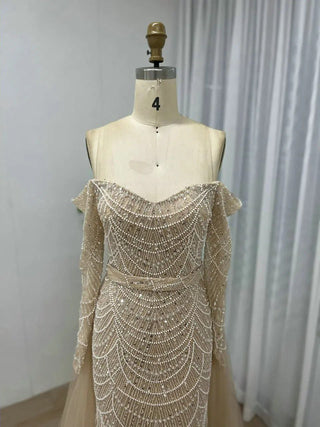 Dubai Luxury Beaded Off-Shoulder Mermaid Evening Dress - Arabic Elegant Strapless Long Sleeves Gown for Weddings and Prom