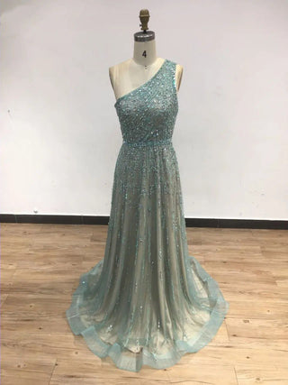 2024 Exclusive One-Shoulder A-Line Evening Gown - Elegant Beaded Ball Dress for Women’s Formal Occasions