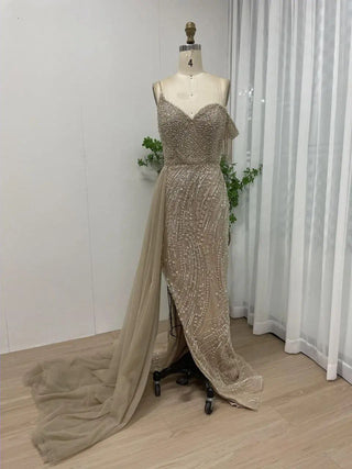 Ships in 1 to 3 Days - 2024 Gold Mermaid Evening Dress - Gorgeous High Split Beaded Wedding Party Gown with Off-Shoulder Tassels for Women