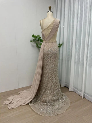 Ships in 1 to 3 Days - 2024 Gold Beaded Mermaid Evening Dress - Elegant One-Shoulder Gown for Graduation and Formal Events