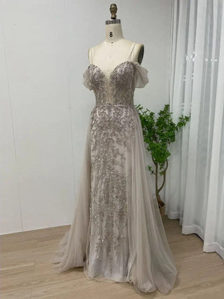 2024 Champagne Luxury Mermaid Evening Gown - Beaded Off-Shoulder Dress with Overskirt for Women’s Formal Occasions