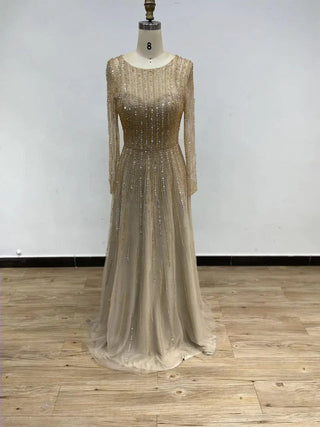 2024 Elegant A-Line Beaded Wedding Guest Dress - Exclusive Scoop Neck Sheer Long Sleeves Muslim Prom Party Gown