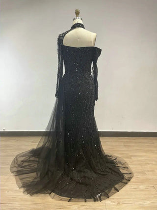 Ships in 1 to 3 Days -  2024 Black Halter One-Shoulder Evening Gown - Sexy Beaded Mermaid Dress with Split for Women’s Formal Occasions