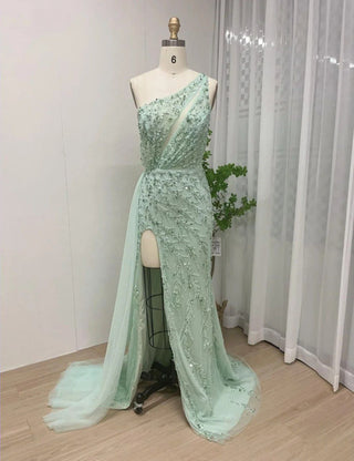 Ships in 1 to 3 Days -  Blue Sexy One Shoulder Mermaid Elegant Beaded Arabic Evening Dress Gown for Women Wedding Party 2024