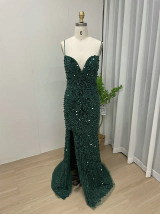 Ships in 1 to 3 Days - 2024 Green Luxurious Evening Gown - Beaded Spaghetti Straps High Split Mermaid Dress with Sweetheart Neckline for Brides and Parties