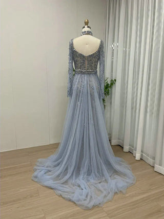 Ships in 1 to 3 Days - 2024 Blue Halter Mermaid Evening Gown - Luxury Beaded Long Sleeves Dress for Dubai Weddings and Arabic Parties