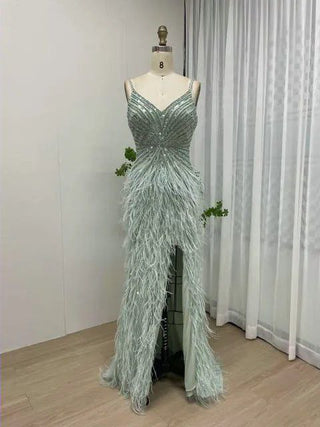 Ships in 1 to 3 Days - Luxury Beaded Mermaid Feathers Prom Dresses: Sexy Spaghetti Straps Backless Rose Pink Evening Dress