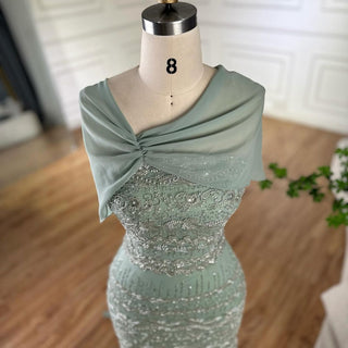 Sage Green Beaded Mermaid Evening Gown with Long Back Cape