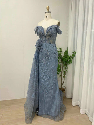 Ships in 1 to 3 Days - Blue Exclusive 3D Flowers Mermaid Evening Gown - Luxury Beaded High Split Dress for Dubai Weddings and Celebrity Parties