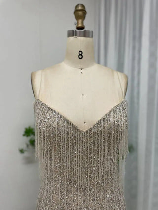 2024 Champagne Off-Shoulder Cocktail Party Dress - Stunning Tassel Beaded V-Neck Backless Evening Ball Gown