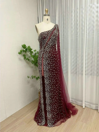 Wine Glitter Mermaid Evening Gown - One-Shoulder Cape Sleeve Formal Dress with Crystal Rhinestones for Women’s Parties