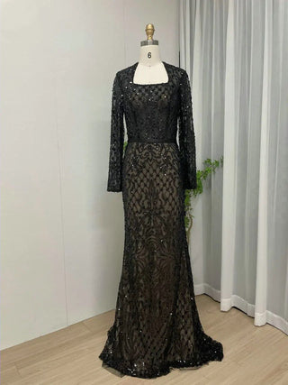 2024 Modest Sheer Long Sleeves Sequined Muslim Evening Gown - Arabic Luxury Mermaid Dress for Wedding Guests and Parties