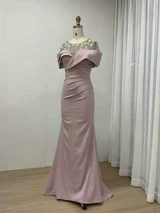 Pink Modest Mermaid O-Neck Satin Evening Gown - Crystal Rhinestones Short Sleeves for Women’s Wedding and Formal Parties