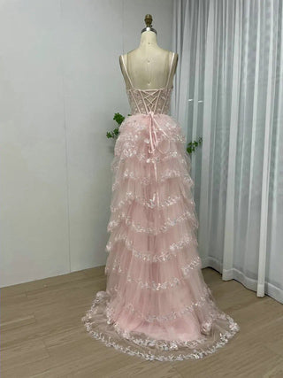 2024 Pink Lace Corset Spaghetti Straps A-Line Evening Gown - Stunning Ruffles and Split Formal Party Dress for Special Events