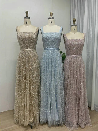 Champagne Square Neck A-Line Wedding Party Dress - Stunning Sleeveless Open Back Beaded Evening Gown with Belt