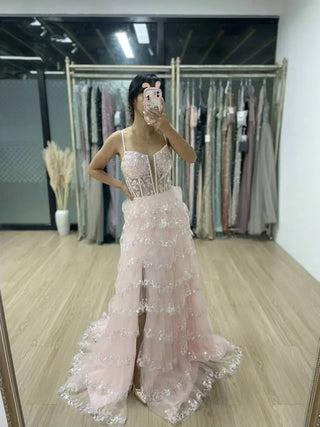 2024 Pink Lace Corset Spaghetti Straps A-Line Evening Gown - Stunning Ruffles and Split Formal Party Dress for Special Events