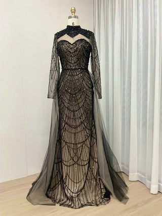 Ships in 1 to 3 Days - Exclusive Beaded Long Sleeves Muslim Evening Party Dress - High Neck Dubai Wedding Guest Gown with Detachable Train