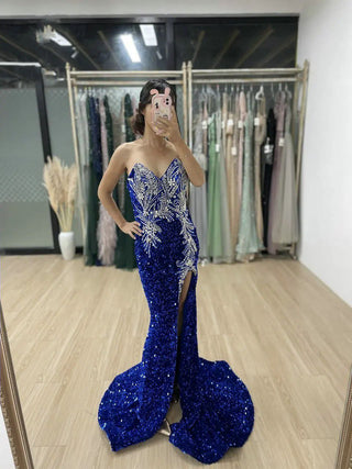 Sexy Strapless Royal Blue Prom Dress - Stunning Front Slit Bodycon Evening Gown with Shiny Sequin and Padded Design for Women