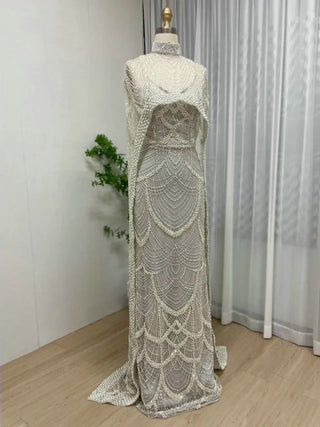 Luxury Grey High Neck Mermaid Evening Gown - Beaded Celebrity Dress with Cape and Strapless Two-Piece Set for Dubai Events