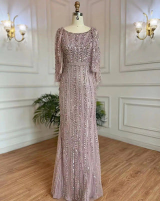 Dubai Grey Diamond Mermaid Long Sleeves Beaded Luxury Evening Gown - Perfect for Women's Party