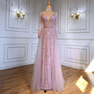 Luxury Muslim Pink Mermaid Evening Dress with Train - Elegant Gown for Women's Party