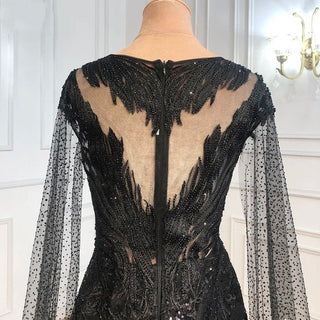 Ships in 1 to 3 Days - Arabic Black Luxury 2024 Lace Beaded Cape Sleeves Mermaid Evening Gown: Elegant Attire for Women's Wedding Party