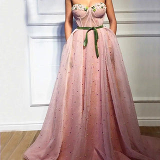 Pink Beaded Pearls Evening Gown 2024 - Long Formal Party Prom Dress with Sashes