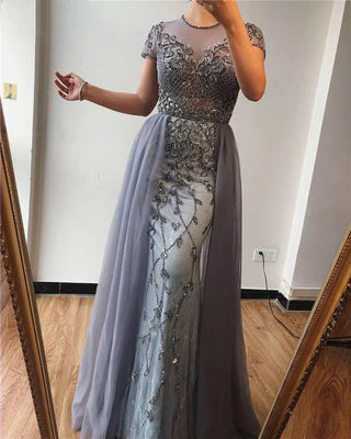 Dubai Crystal Short Sleeve Mermaid Evening Dress - 2024 Luxury Sexy Formal Gown