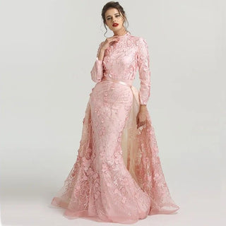 Muslim Romantic Pink Long Sleeves Evening Dress 2024 - High Neck Handmade Flowers Evening Gown