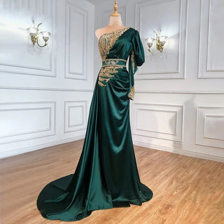 Green Luxury Beaded Satin Evening Gown - 2024 Sexy One Shoulder Mermaid Dress for Women's Formal Party