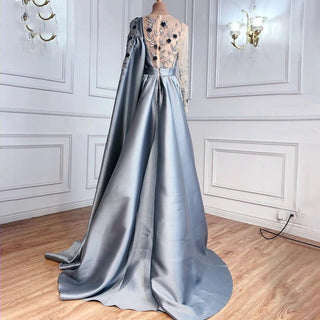 Dubai Blue O-Neck Beading Sexy Evening Dress Design 2024: A-Line Satin Long Sleeves Formal Dress