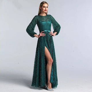 Dubai Green Pearls Long Sleeve Evening Dress - 2024 Tulle Luxury Beach Gown