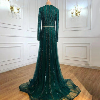 Green Muslim Luxury Evening Gown 2024 - Elegant Long Sleeves Beaded Dress for Women's Party