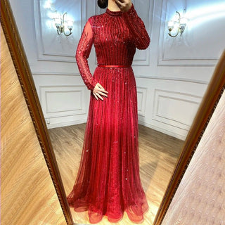 Chic Wine Red Muslim Luxury A-Line Evening Dress - 2024 Sparkle Beaded Gown for Women's Party