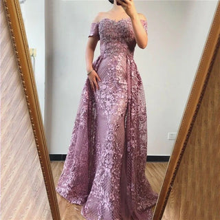 Pink Mermaid Elegant Evening Dress 2024 - Short Sleeve Flowers, Dubai Sexy Off-Shoulder Lace Crystal Gown